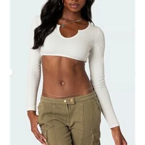 Edikted Womens Ribbed Knit Crop Top Slim Fit Long Sleeve Casual White Size Small